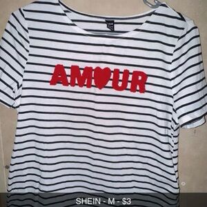 SHEIN Black and White Striped Tee with Red 'AMOUR'